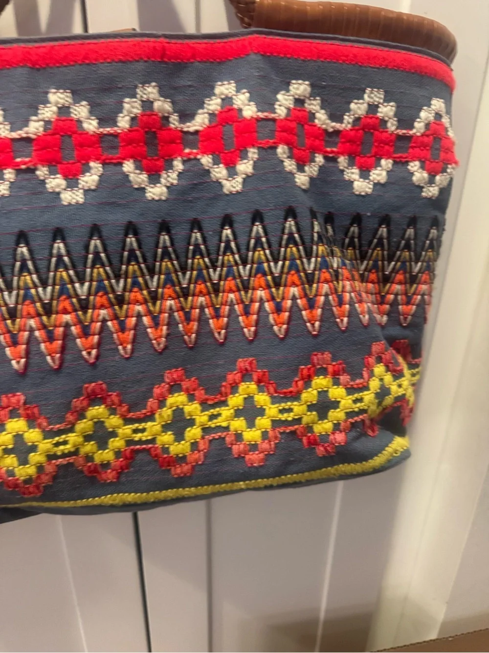 Tory Burch Taylor Aztec Linen Multicolor Woven Tote with Tassel